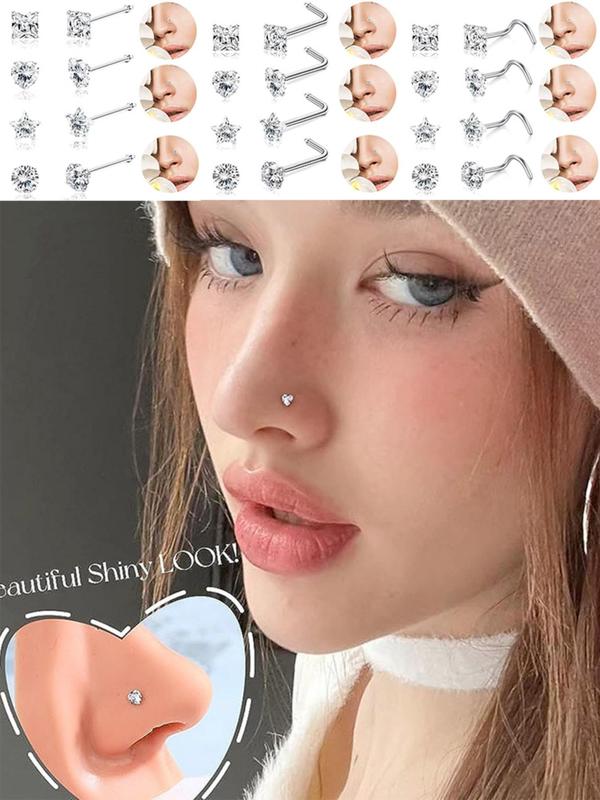 Rhinestone Decor Heart & Star Design Nose Studs, Nose Studs Piercing Jewelry for Women Girls, Nose Stud for Daily Wear, Body Jewelry for Party, Daily Decor