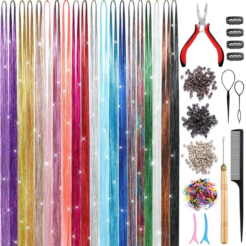 Hair Tinsel Kit (20 Colors, 4400 Strands, 48 Inches) Sparking Tinsel Hair Extensions Kit with Tools, Fairy Hair Tinsel Kit Heat Resistant Highlights Glitter Hair Extensions Hair Tensile Kit