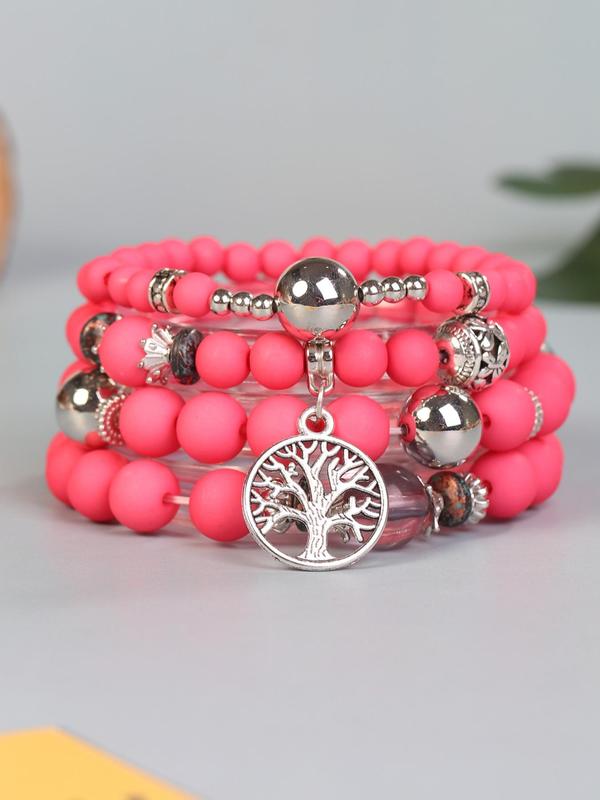 4pcs set Boho Style Hollow Out Tree Charm Beaded Bracelet, Fashion Random Print Casual Hand Jewelry For Women, All-match Fashion Accessories For Party