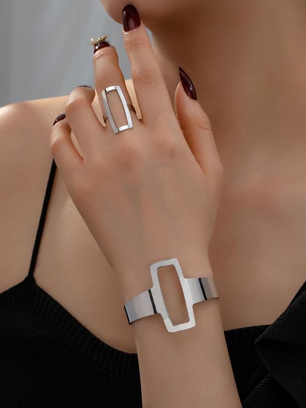 Women's Elegant Hollow Out Geometric Design Ring & Cuff Bracelet, Fashion Jewelry for Party, Daily Decor, Trendy All-match & Exquisite Jewelry for Birthday Gift