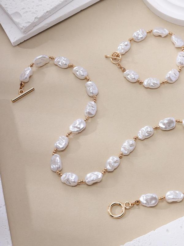 Women's Elegant Faux Pearl Decorative Jewelry Set, 2pcs Fashion Baroque Style Faux Pearl Beaded Necklace and Bracelet, Sweet Versatile Accessories for Girls, Great Gift Idea