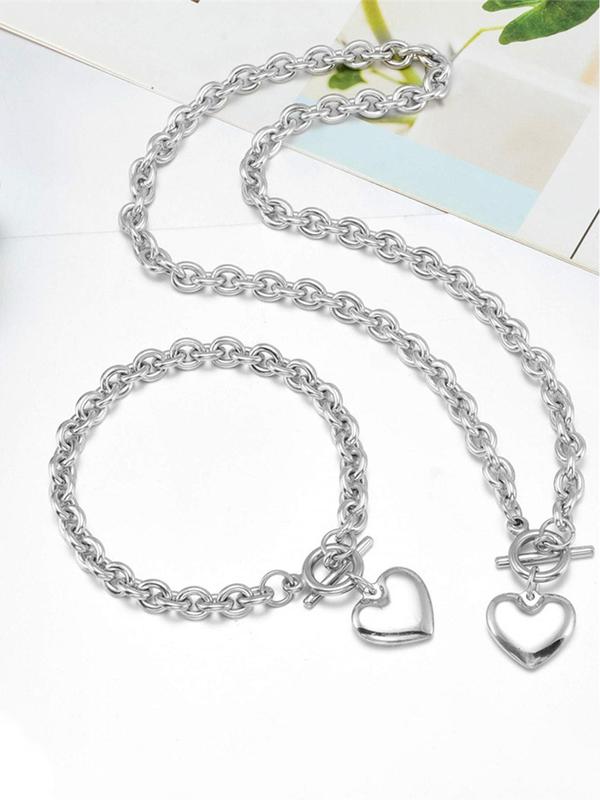 Cute Heart Shaped Pendant Necklace & Bracelet, Stainless Steel Jewelry Set for Party, Daily Decor, Trendy All-match & Exquisite Jewelry for Birthday Gift