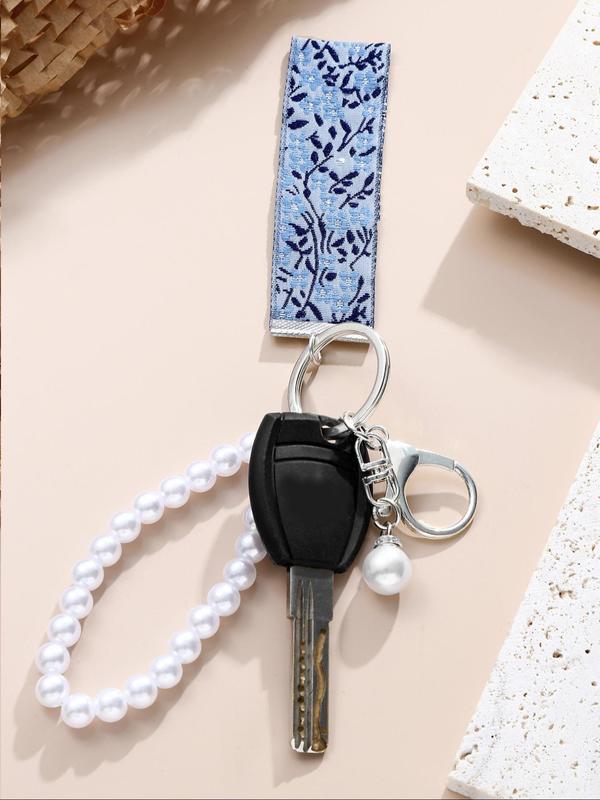 Floral Embroidery Tape & Faux Pearl Decor Keychain, Elegant Keychain for Women & Girls, Fashion Accessories for Daily Use, Trendy All-match & Exquisite Keychain for Birthday Gift