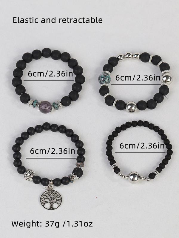 4pcs set Boho Style Hollow Out Tree Charm Beaded Bracelet, Fashion Random Print Casual Hand Jewelry For Women, All-match Fashion Accessories For Party