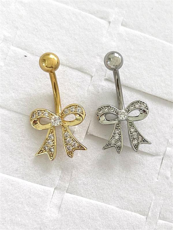 Rhinestone Bow Decor Belly Ring, 2024 New Style Women Belly Piercing Body Jewelry, Trendy All-match & Exquisite Clean Girl Jewelry for Women and Girls