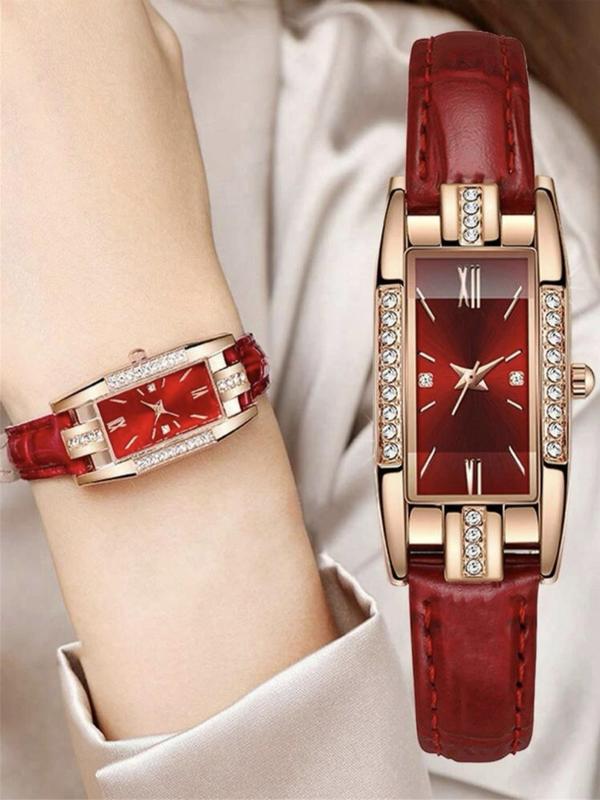 Elegant Rhinestone Decor Square Shape Watch Set, 5 Counts Trendy Wristwatch & Water Drop Pendant Necklace & Ring & Dangle Earrings As Gift without Box