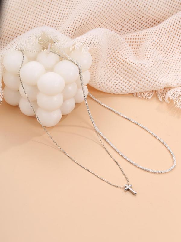 2pcs set Women's Simple Rhinestone Cross Design Pendant Chain Necklace, Casual Matching Jewelry for Party, Daily Clothing Decor