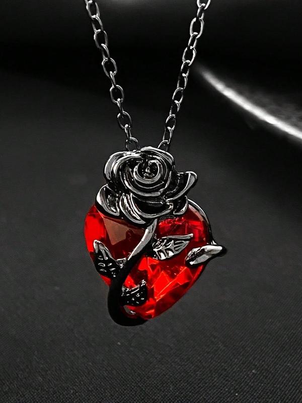 Unisex Street Style Heart Shaped Pendant Necklace, Trendy Rose Design Pendant Necklace, Fashionable Goth Jewelry for Men & Women As Gift