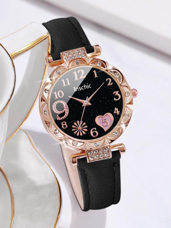 Summer 2024 Elegant Round Dial Quartz Watch & Bracelet, Sparkly Luxury Heart Design Bracelet, Rhinestone Decor Wristwatch for Women & Girls for Gift without Box Gift