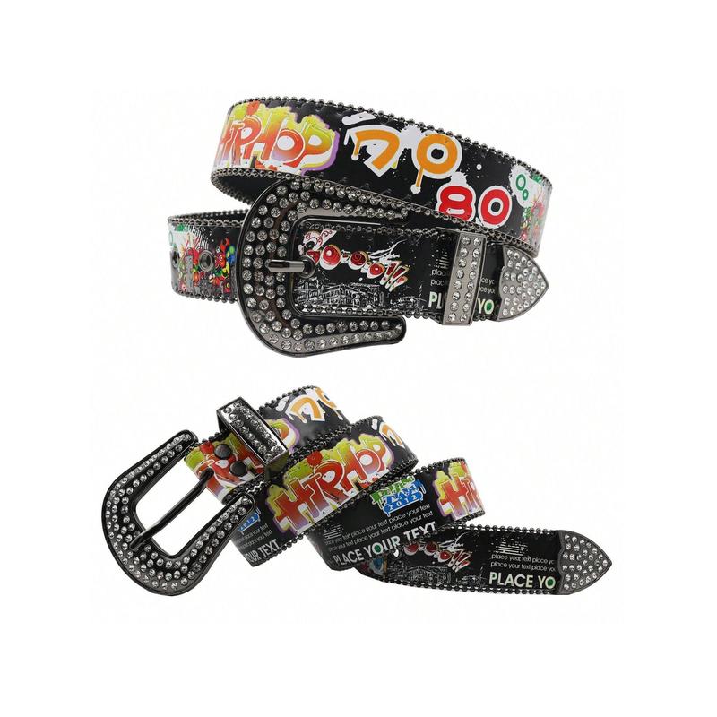 Vintage 70 80 Print Belt Punk Rhinestone Pin Buckle Waistband Female Male Western Jeans Y2K Belt