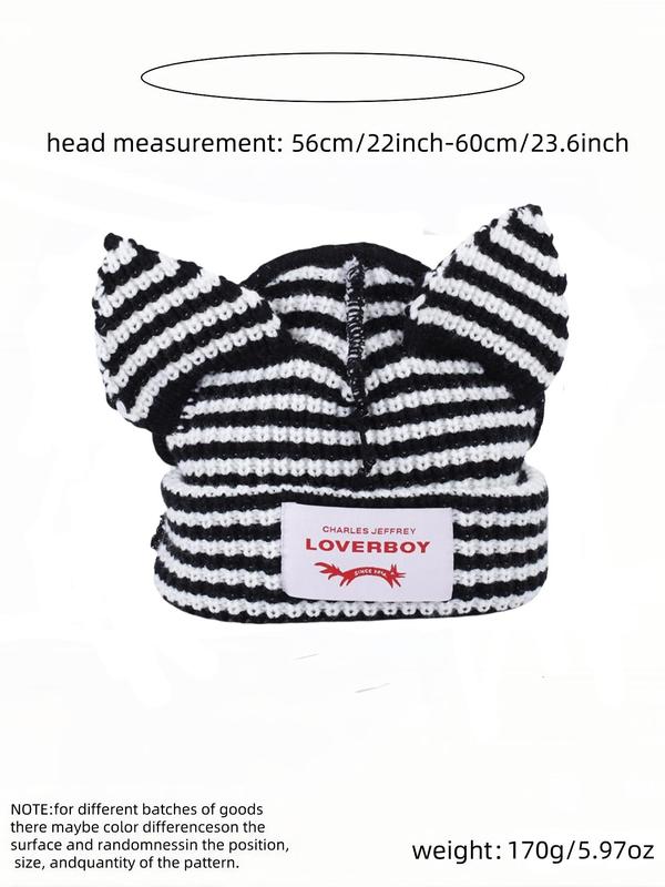 Cute Cat Ear Design Beanie Hat, Y2K Handmade Upgrade Cute Knit Hat, Striped & Polka Dot Pattern Fashionable Beanie Hat for All Seasons, Birthday Outfits