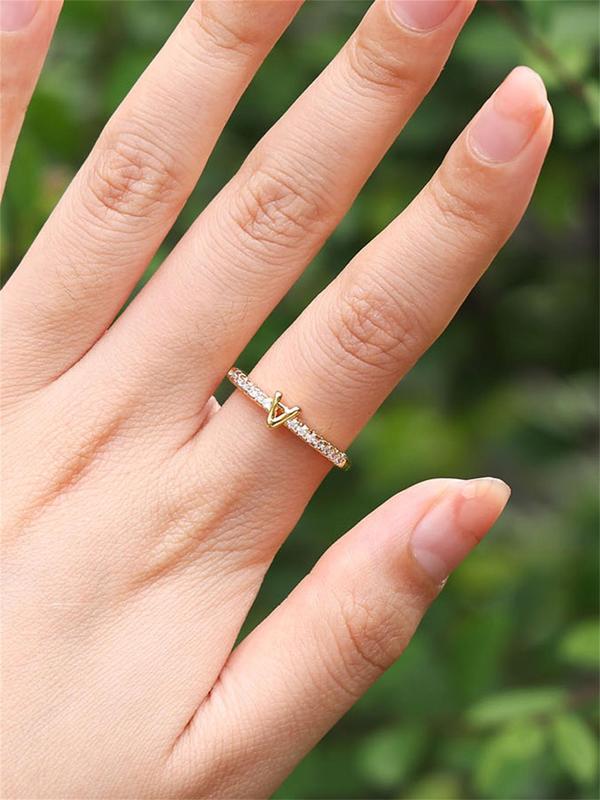 Rhinestone Decorated Elegant Simple Alphabet Promise Ring, Vintage Engagement Ring, Jewelry Accessories Idea for Birthday, Copper Trendy Jewelry for Daily Use