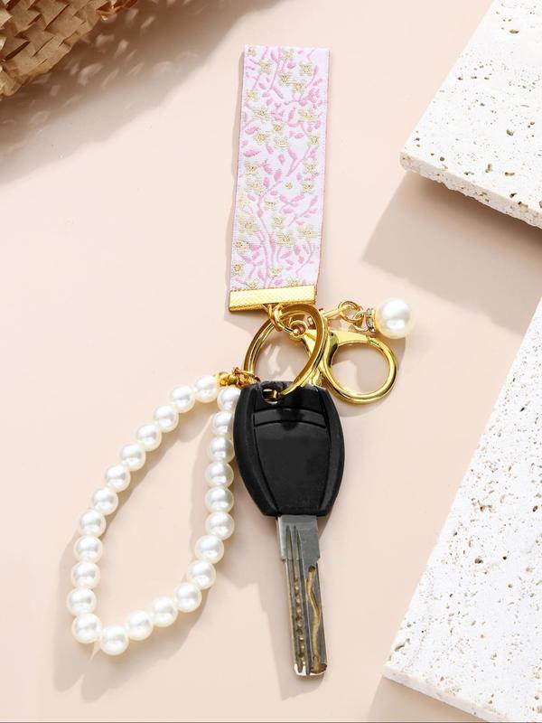 Floral Embroidery Tape & Faux Pearl Decor Keychain, Elegant Keychain for Women & Girls, Fashion Accessories for Daily Use, Trendy All-match & Exquisite Keychain for Birthday Gift