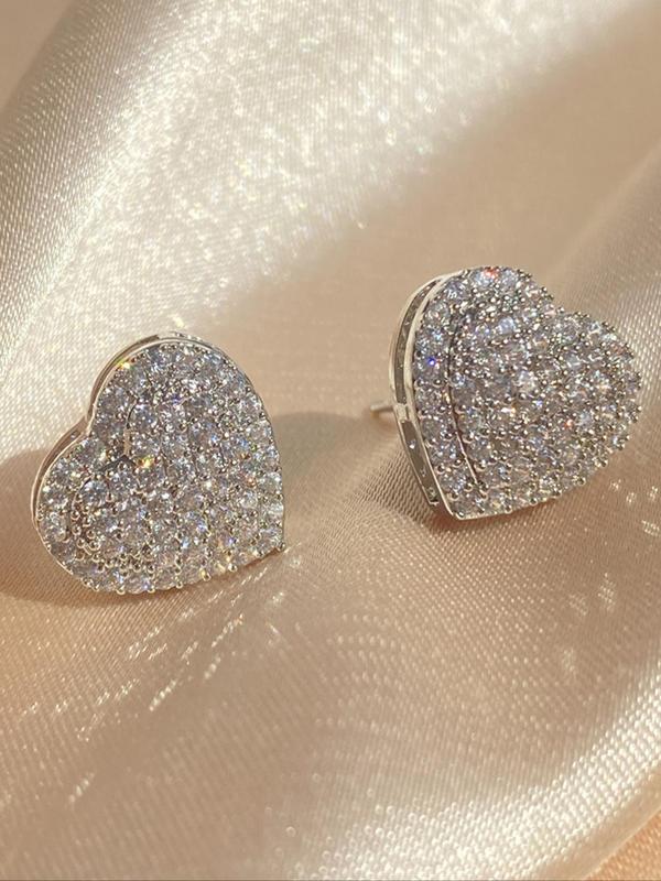 Elegant Heart Shaped Stud Earrings, 2024 Fall New Style Rhinestone Decor Stud Earrings, Fashion Cool Female Jewelry for Women for Gift Back To School, Fall Outfits, Fall Freshness