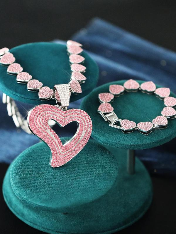 Rhinestone Decorated Heart Shaped Pendant & Chain Necklace & Bracelet, Punk Rock Inspired Jewelry for Lovers, Fashion Accessories for Party, Daily Clothing