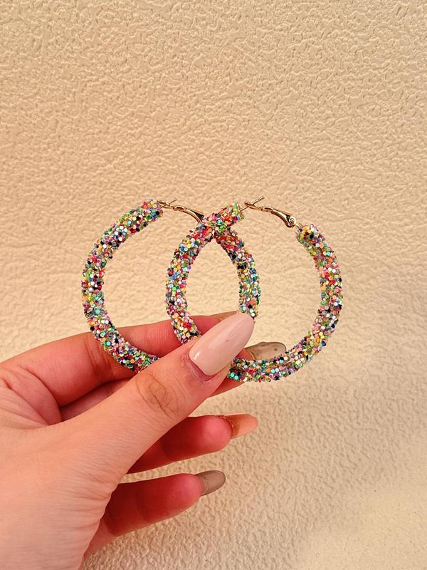 Colorblock Glitter Hoop Earrings, Fashionable Jewelry for Women, Fashion Jewelry for Party, Daily Clothing Decor, Trendy All-match & Exquisite Jewelry for Birthday Gift