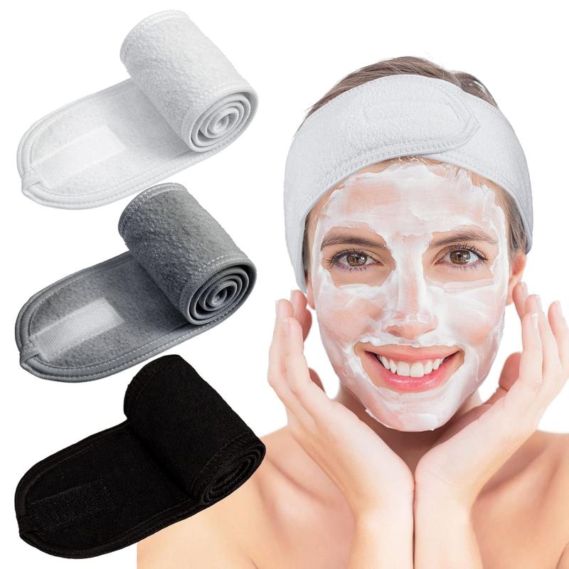 Spa Facial Headband Make Up Wrap Head Terry Cloth Headband Adjustable Towel for Face Washing,Shower, 3 Pieces (White, Black, Gray)