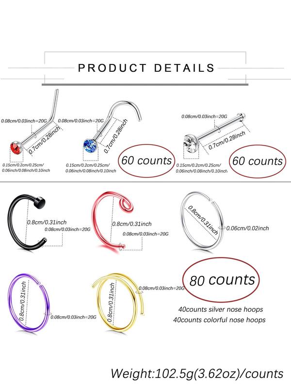 Nose Ring Studs Set, Stainless Steel Nose Rings Hoops, Bone Screw L Shaped Nose Rings, Nose Piercing Jewelry, Body Jewelry for Women & Men