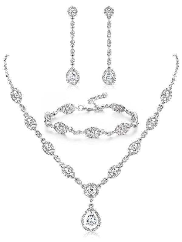 Women's Elegant Rhinestone Decor Jewelry Set (4pcs set), Exquisite Trendy Pendant Necklace & Dangle Earrings & Bracelet, Fashionable Luxury Jewelry Set for Party Decoration