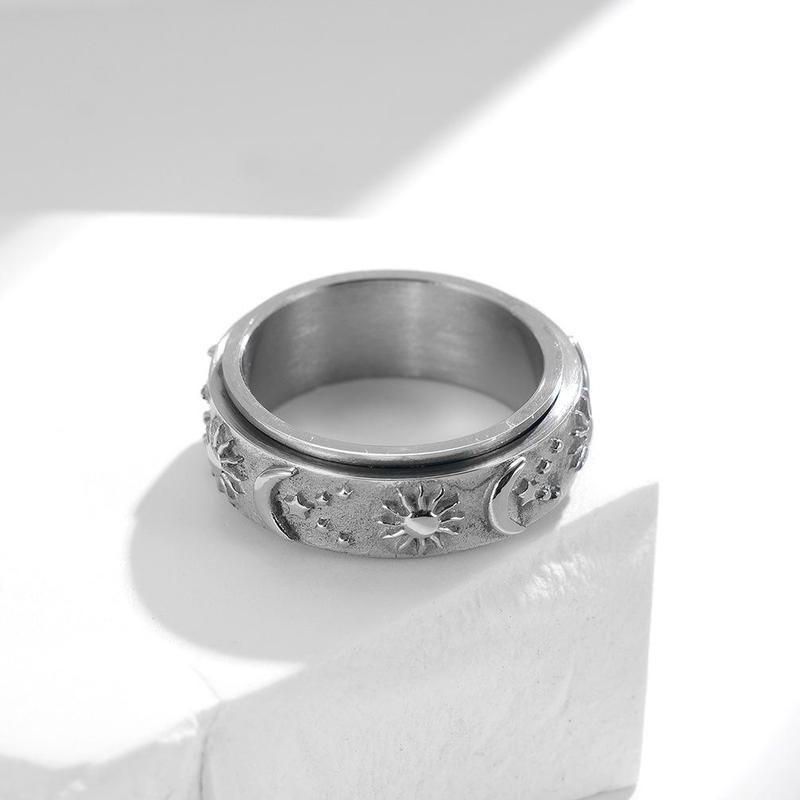 Star, moon and sun titanium steel ring ring can be rotated and moved bohemian style decompression ring Men's Rotatable