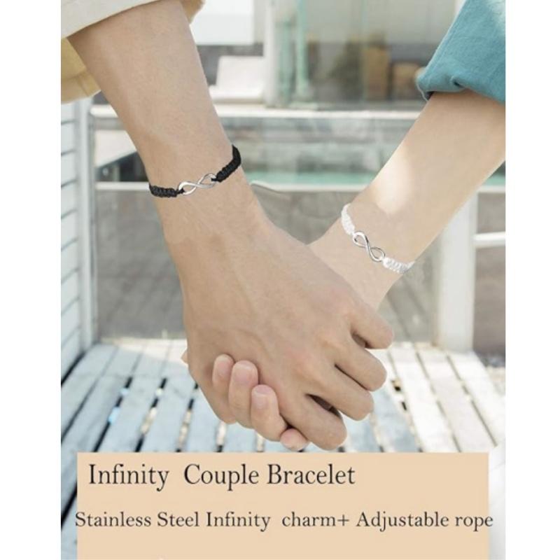 2 Set Stainless Steel 8 Infinity Couple Bracelet Braided Leather Rope Bangle Wrist Adjustable Chain Fit 7-9 Inch for Lover Friendship