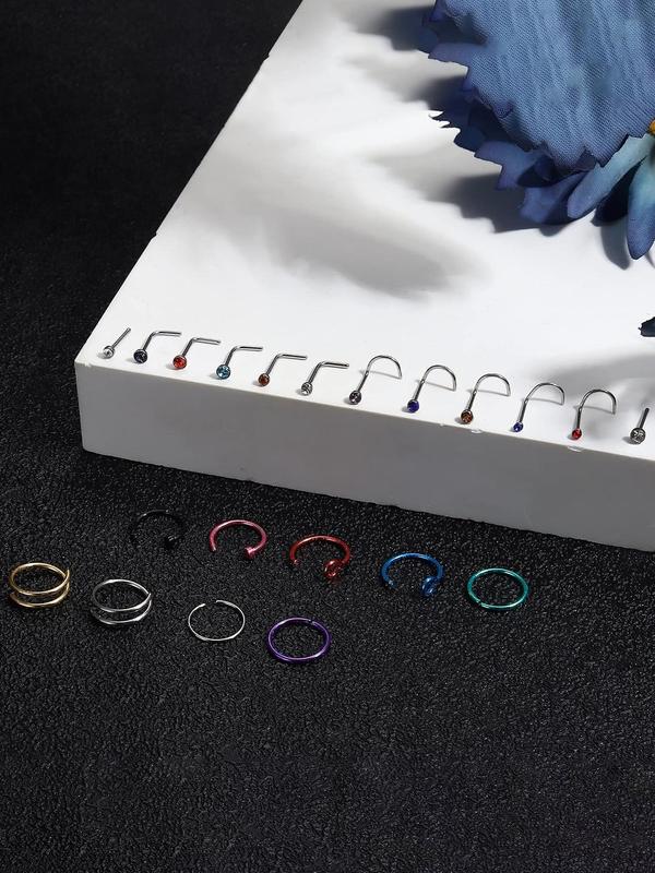 Nose Ring Studs Set, Stainless Steel Nose Rings Hoops, Bone Screw L Shaped Nose Rings, Nose Piercing Jewelry, Body Jewelry for Women & Men