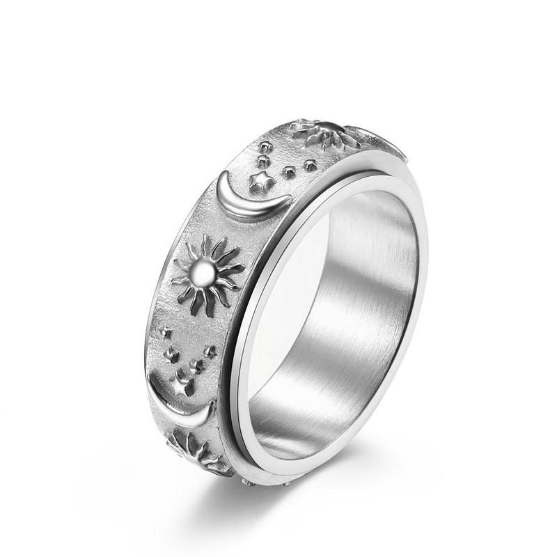 Star, moon and sun titanium steel ring ring can be rotated and moved bohemian style decompression ring Men's Rotatable