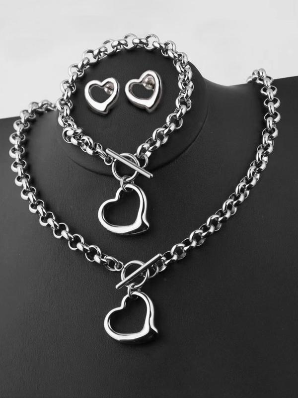 2024 Fall Stainless Steel Heart Design Chain Link Vintage Jewelry Sets, Love Necklace & Charm Matching Bracelet & Stud Earrings, Ot Buckle Chunky Chain for Fall Holiday Gifts for Girlfriends