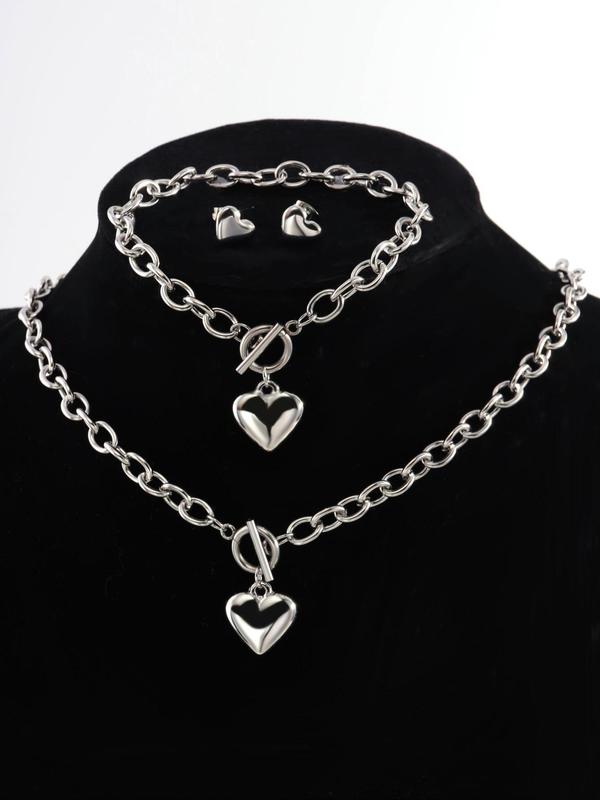 2024 Fall Stainless Steel Heart Design Chain Link Vintage Jewelry Sets, Love Necklace & Charm Matching Bracelet & Stud Earrings, Ot Buckle Chunky Chain for Fall Holiday Gifts for Girlfriends