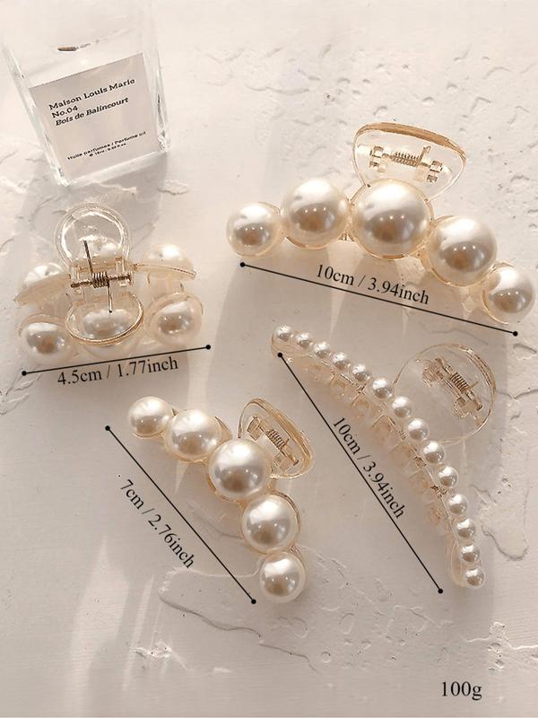 4pcs Elegant Faux Pearl Decorated Hair Claw for Women, Minimalist Headwear Suitable for Thick Hair, Fashion Hair Accessories for Party, Daily Clothing Decor