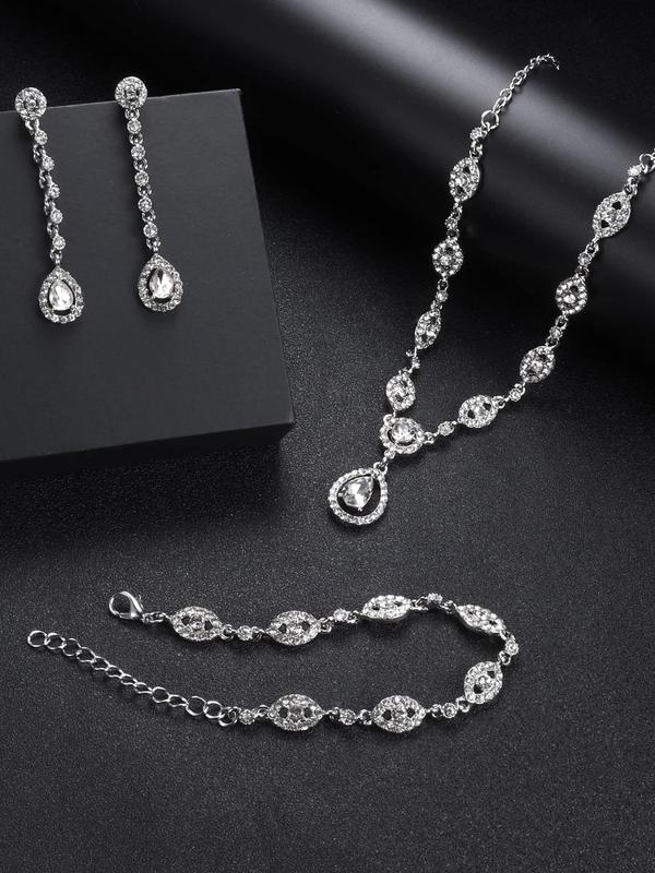 Women's Elegant Rhinestone Decor Jewelry Set (4pcs set), Exquisite Trendy Pendant Necklace & Dangle Earrings & Bracelet, Fashionable Luxury Jewelry Set for Party Decoration