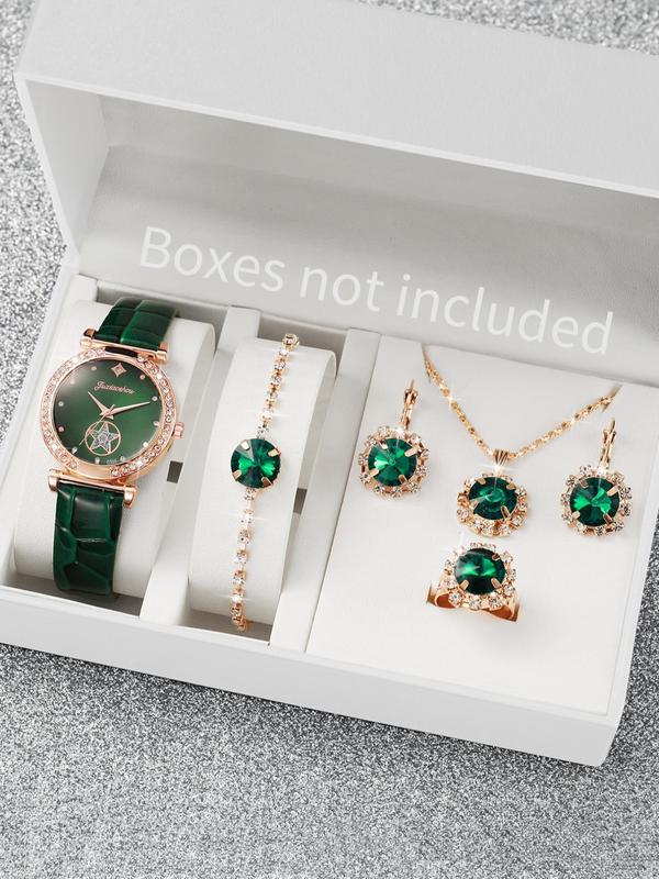 Women's Elegant Star & Rhinestone Decorated Round Dial Watch & Jewelry Set, Trendy Exquisite Wristwatch &  Earrings & Ring & Pendant Necklace & Bracelet, Gorgeous Watch Set As Gift without Box