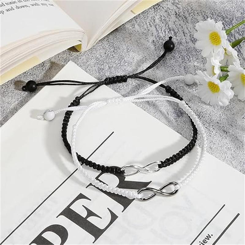 2 Set Stainless Steel 8 Infinity Couple Bracelet Braided Leather Rope Bangle Wrist Adjustable Chain Fit 7-9 Inch for Lover Friendship