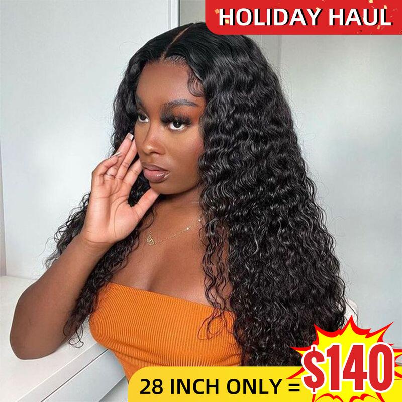 Holiday Haul Deal MORE FACE Deep Wave 13x6 13x4 Transparent Lace Front Human Hair Wig - PrePlucked with Baby Hair, Black, Heat Resistant