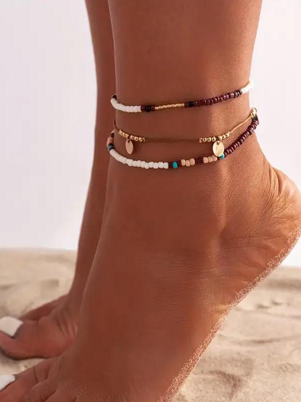 Boho Style Beaded Anklet (3pcs), 2024 New Style Adjustable Beaded Chain Anklet for Women & Girls, Fashionable Body Jewelry for Beach Party Vacation