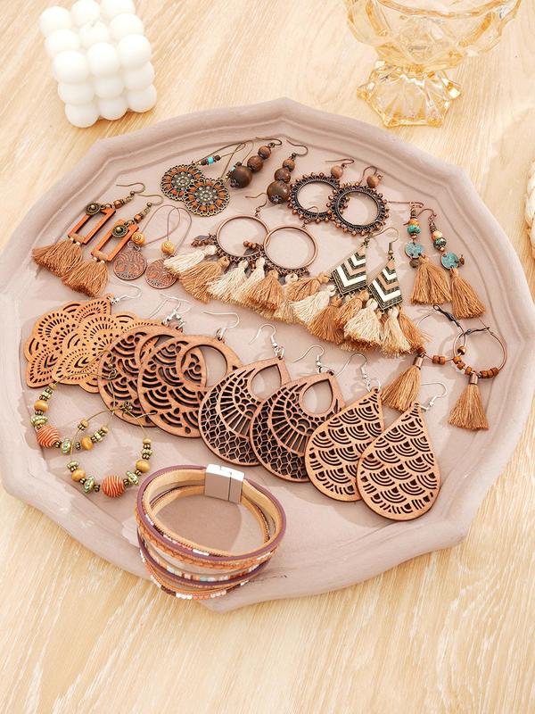 Vintage Boho Style Jewelry Set, Including Hollow Out Wooden Earrings, Bracelets, Tassel Decorated Earrings, Fashion Accessories for Women & Girls