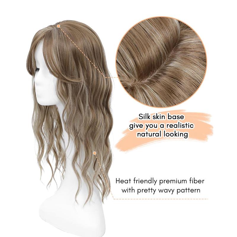 Hair Toppers for Women 20 Inch Wavy Hair Toppers for Women Toppers Hair Pieces for Women with Thinning Hair Ombre Highlight Synthetic Wig Clip In Hair Topper Wiglets with Fringe Bang Add Hair Volume