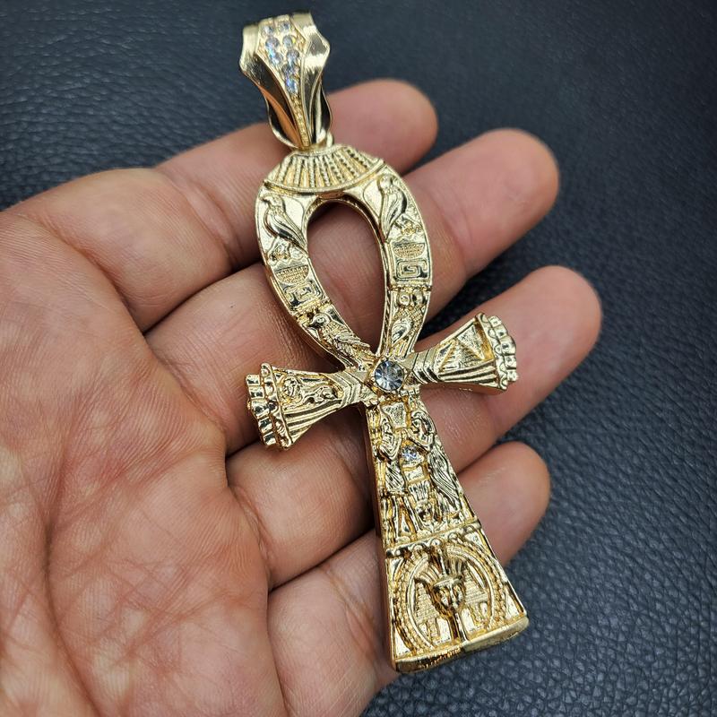 ICED KING TUT GOLD PLATED LARGE ANKH CROSS SYMBOL OF LIFE HIP HOP STYLE CHARM PENDANT