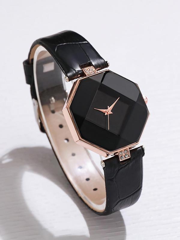 Women's Minimalist Fashion Rhombus Dial Plain Watch  without Box, Rhombus Dial Watch, with Beaded Bracelet Set & Leather Strap Watch, Exquisite Gift