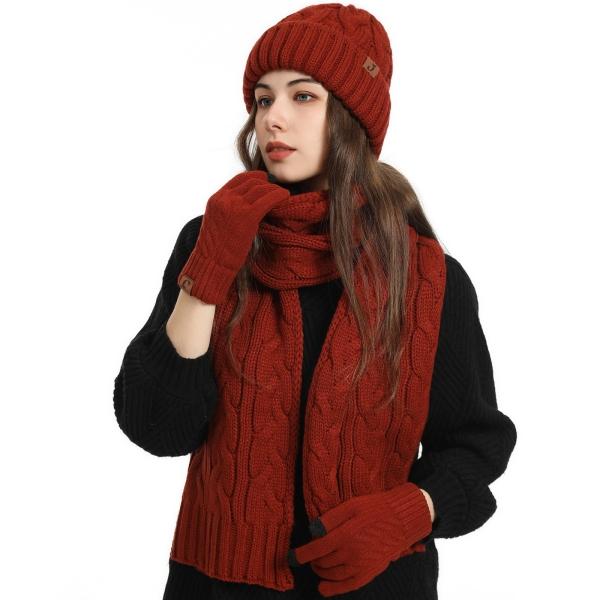 Winter 3 Piece Knitted Beanie Hat Scarf Gloves Set for Men and Women. Fleece Lined Skull Cap, Touchscreen Gloves and Soft Scarf