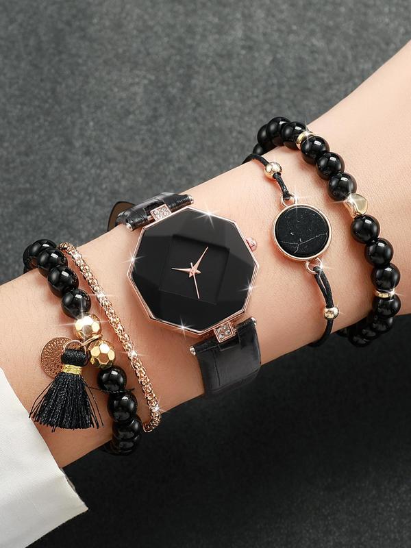 Women's Minimalist Fashion Rhombus Dial Plain Watch  without Box, Rhombus Dial Watch, with Beaded Bracelet Set & Leather Strap Watch, Exquisite Gift