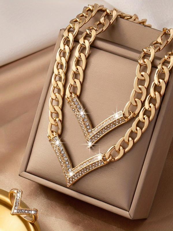 Women's Elegant Rhinestone Decorated Geometric Design Jewelry Set, Trendy Exquisite Pendant Necklace & V-shaped Ring & Bracelet, Chic Gorgeous Jewelry Set As Gift for Girlfriend