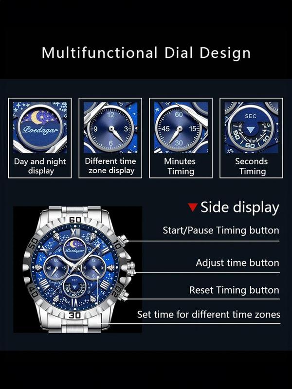 Men's Business Fashion Rhinestone Decor Round Dial Analog Quartz Watch, Waterproof Luminous Stainless Steel Chronograph Men's Watch, with Box