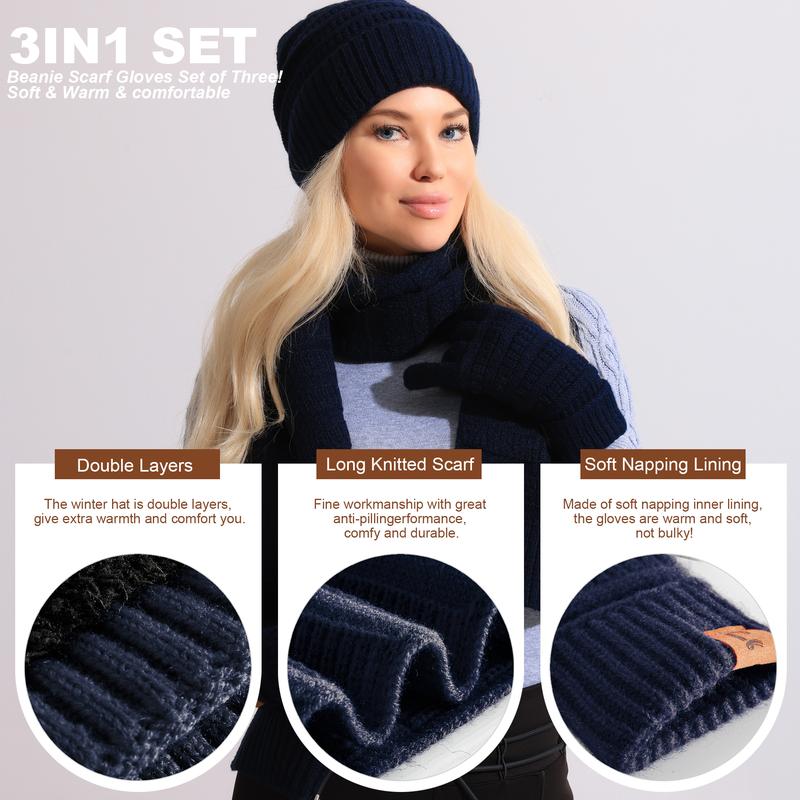 Winter 3 Piece Knitted Beanie Hat Scarf Gloves Set for Men and Women. Fleece Lined Skull Cap, Touchscreen Gloves and Soft Scarf