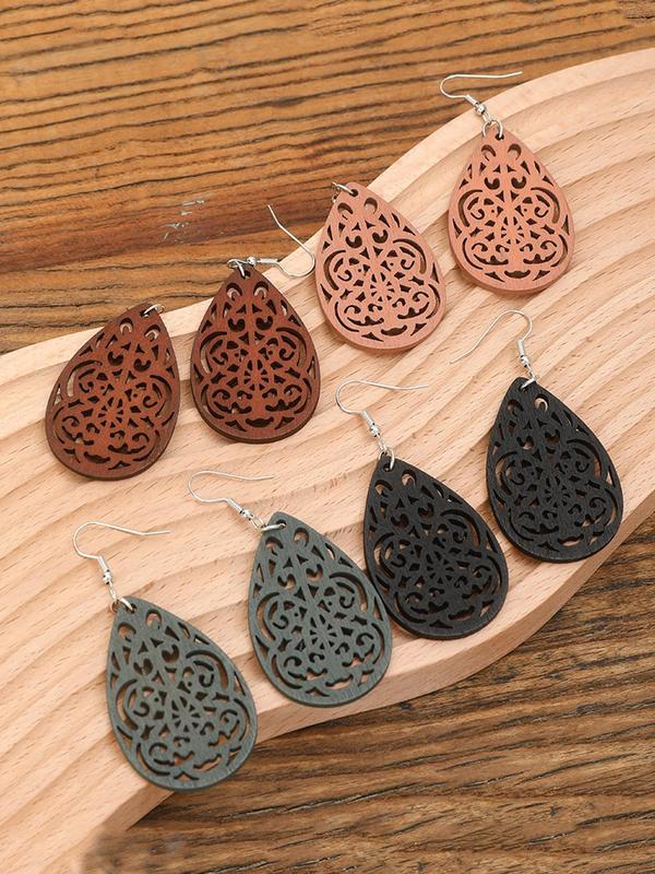 Boho Hollow Out Design Wooden Dangle Earrings for Women, 90s Vintage Style Water Drop Ear Piercing Vintage Jewelry, Cute Accessories for Party, Daily Decor, Fall Outfits, Earthtone Fall Freshness