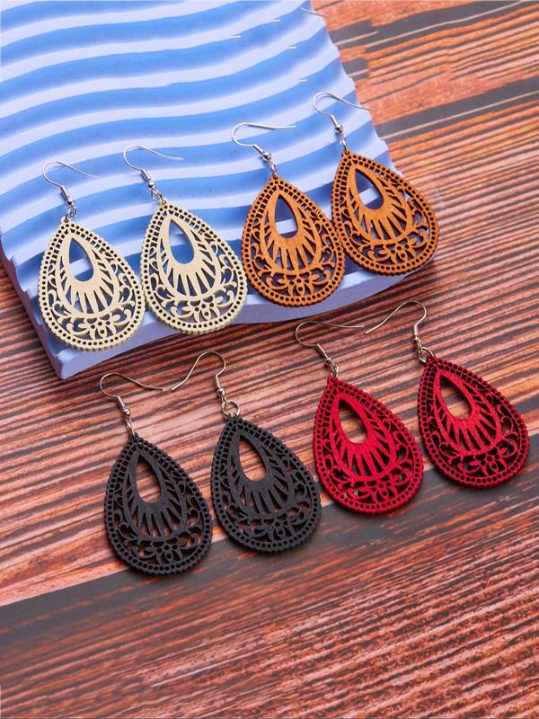 Boho Hollow Out Design Wooden Dangle Earrings for Women, 90s Vintage Style Water Drop Ear Piercing Vintage Jewelry, Cute Accessories for Party, Daily Decor, Fall Outfits, Earthtone Fall Freshness