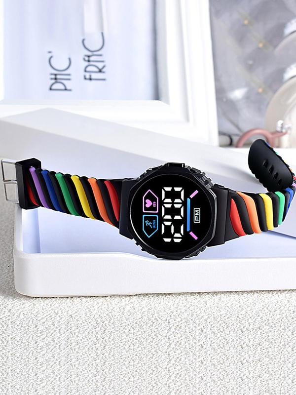 Fashionable Rainbow Stripe Design Digital Watch, Casual Digital Watch for Women & Girls, Trendy All-match & Exquisite Watch for Birthday Gift