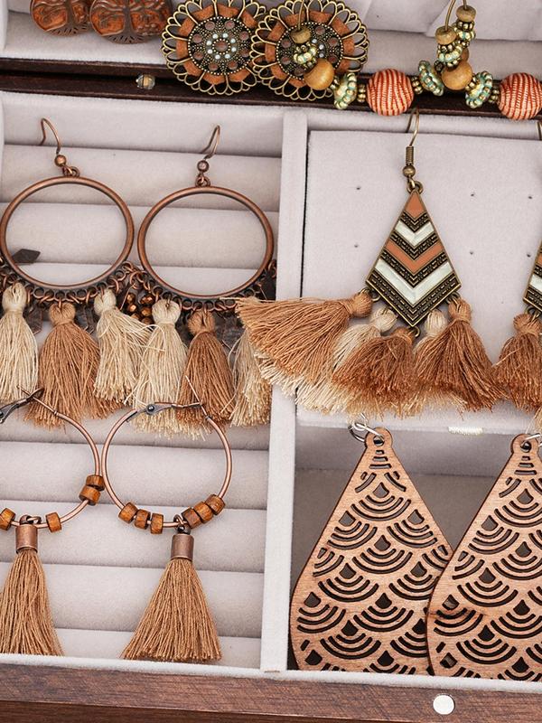 Vintage Boho Style Jewelry Set, Including Hollow Out Wooden Earrings, Bracelets, Tassel Decorated Earrings, Fashion Accessories for Women & Girls