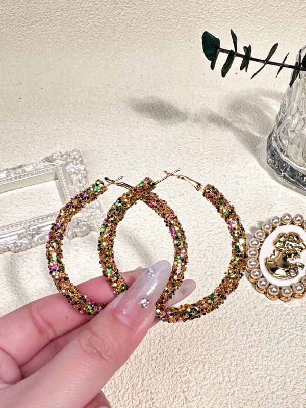 Colorblock Glitter Hoop Earrings, Fashionable Jewelry for Women, Fashion Jewelry for Party, Daily Clothing Decor, Trendy All-match & Exquisite Jewelry for Birthday Gift