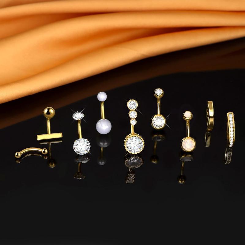 9 Pcs Gold Belly Button Ring Surgical Stainless Steel Belly Rings CZ Opal Pearl Belly Button Ring Clicker Belly Piercings for Women Navel Piercings Pack Silver Gold